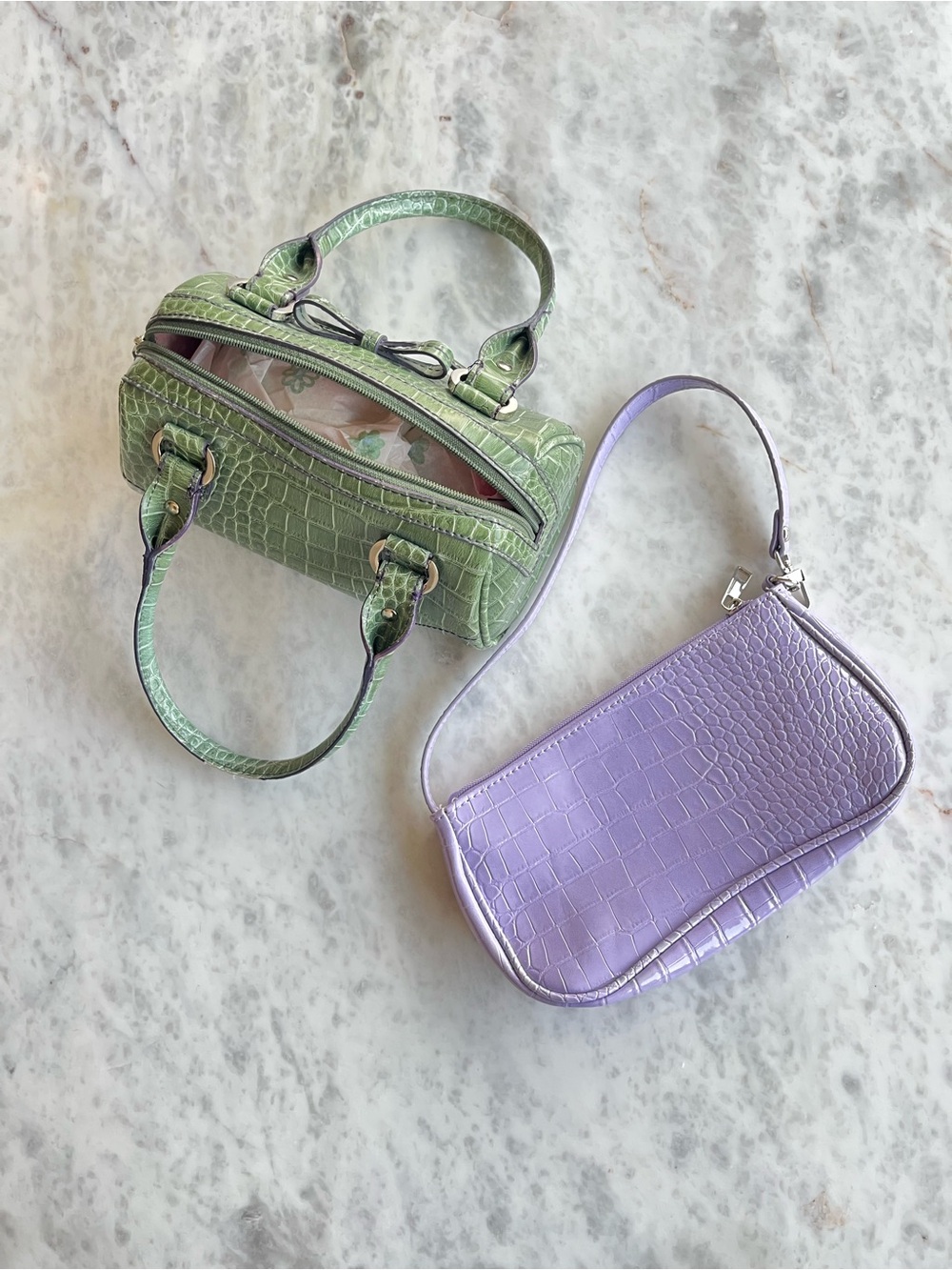 2  bags Liz Claiborne Green Croc-Embossed Mini Satchel & Lavender Croc baguette